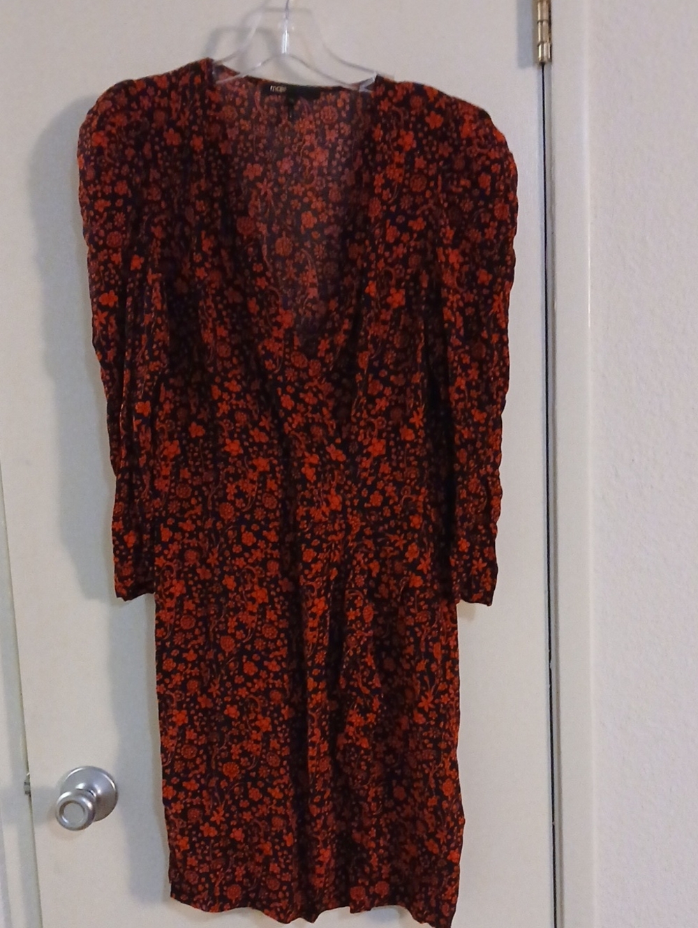 Maje Red and Black Floral V‑Neck Long‑Sleeve Dress
